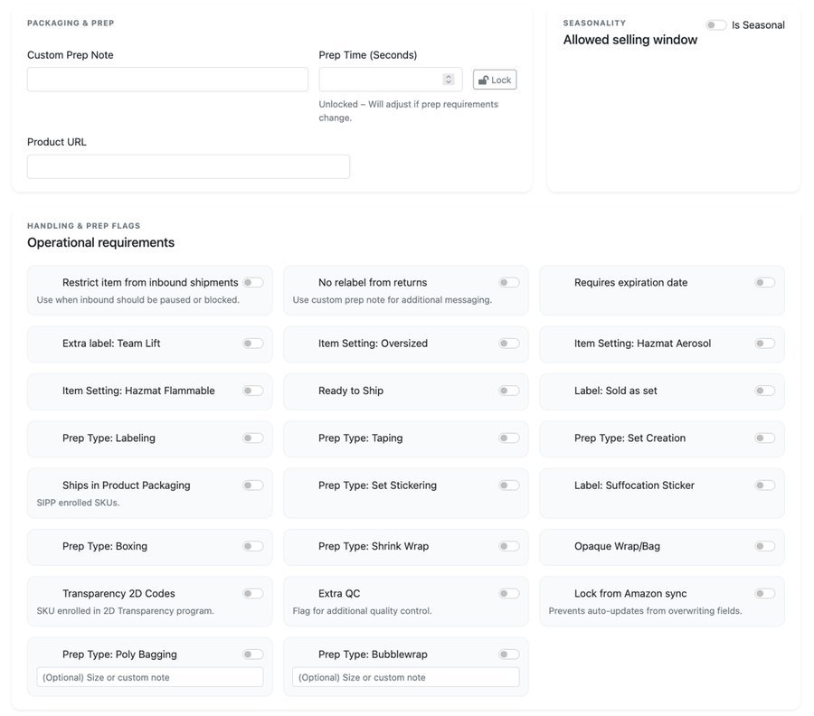 FNSKU Studio - Handling and Prep Flags